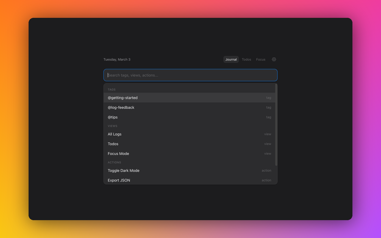 Command palette open showing tags, views, and actions accessible via Cmd+K