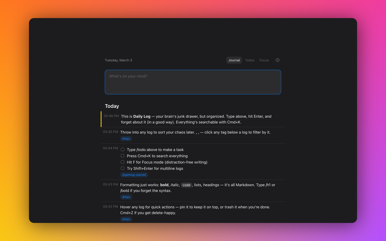 Daily Log — Journal view showing entries with tags, rich formatting, and pinned notes